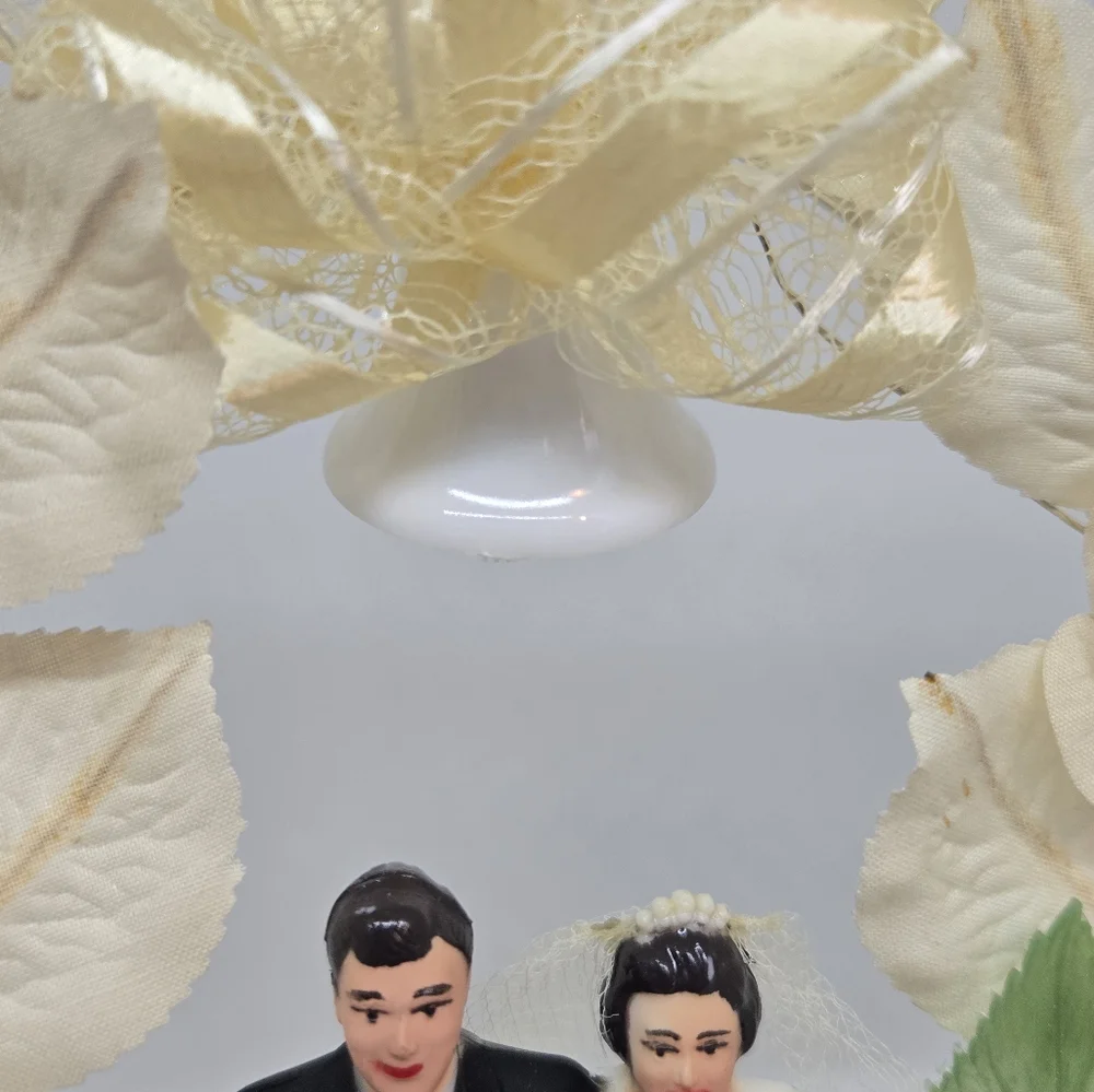 Vintage Bride and Groom Plastic Floral Cake Topper